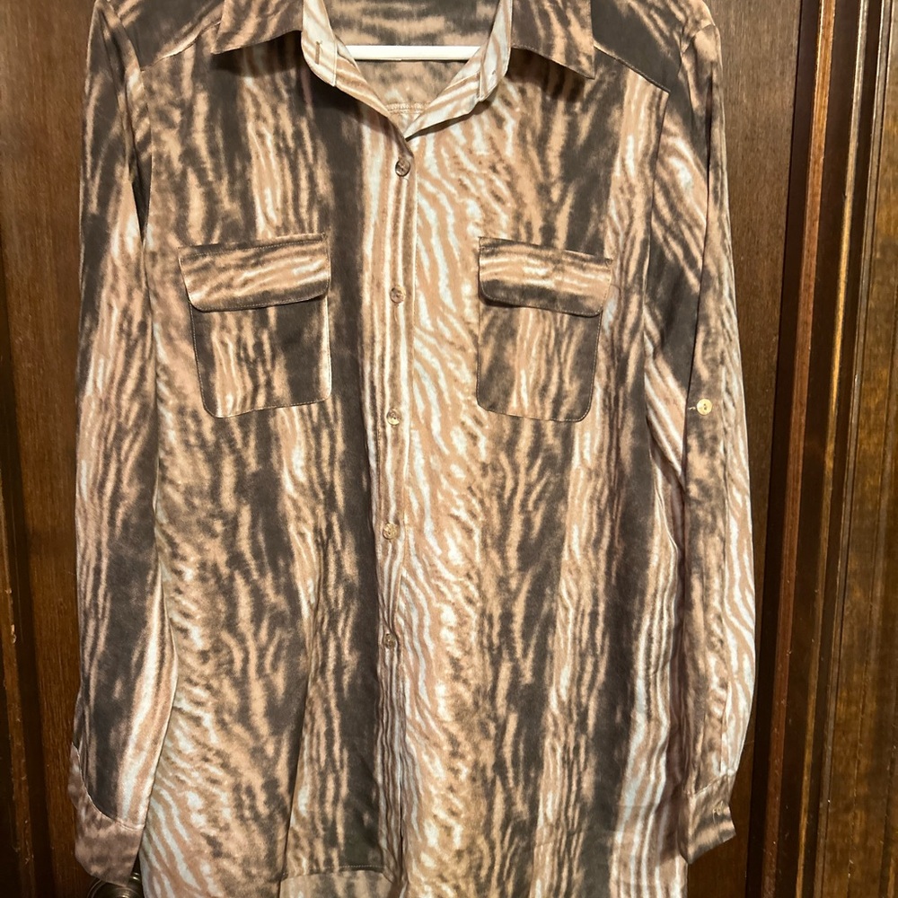 Brown and Tan Striped Blouse with Relaxed Fit